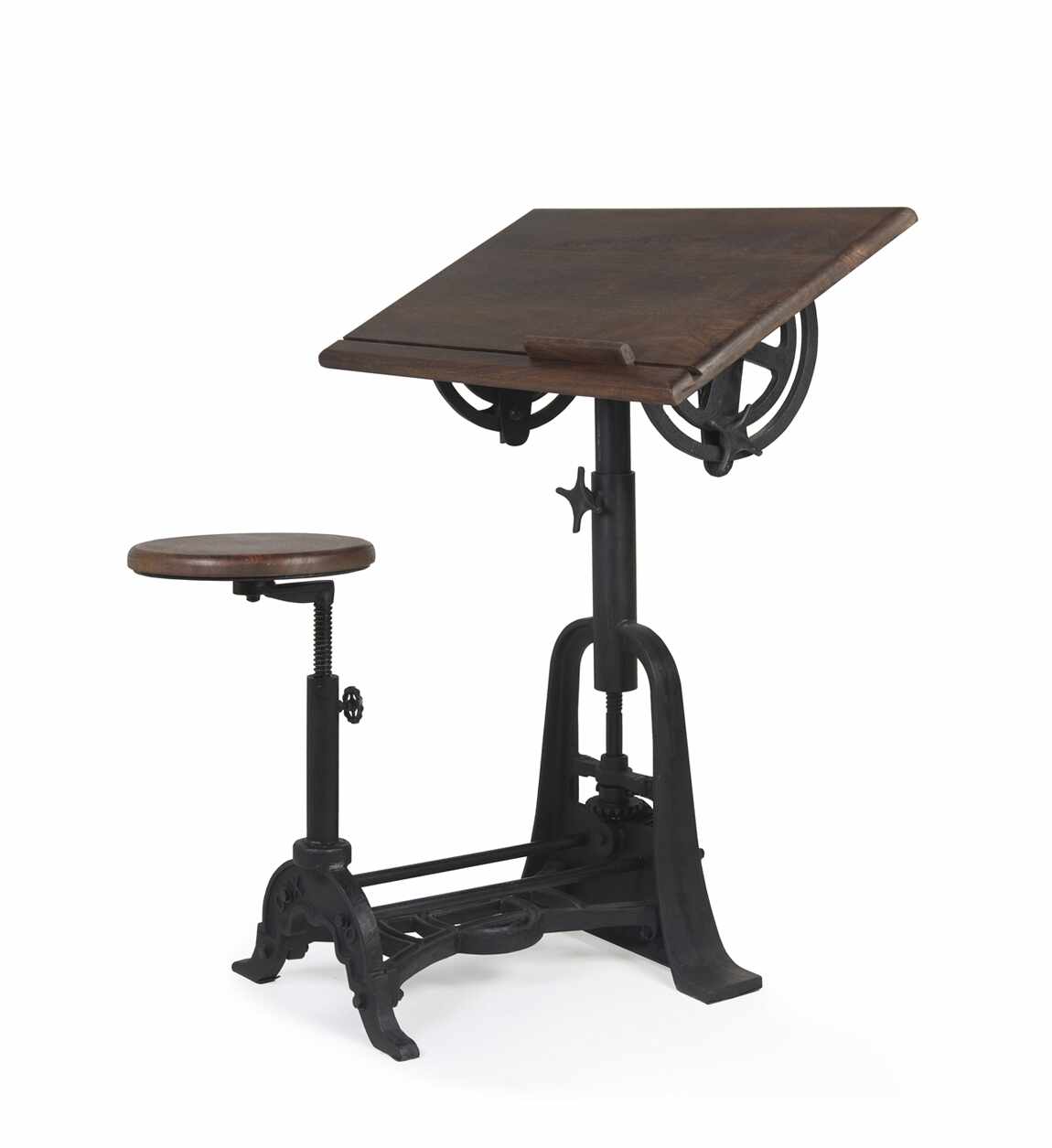 Masa pentru desen tehnic cu scaun inclus, din lemn si metal, inaltime reglabila, Pipa Architect Nuc / Negru, L80xl70xH78-103 cm