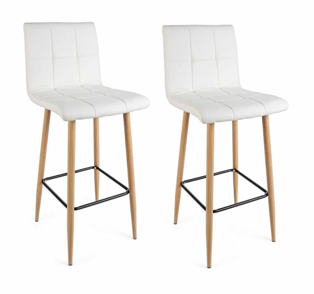 Set 2 scaune de bar tapitate cu piele ecologica si picioare metalice Bruce Alb / Natural, l46xA40xH108 cm
