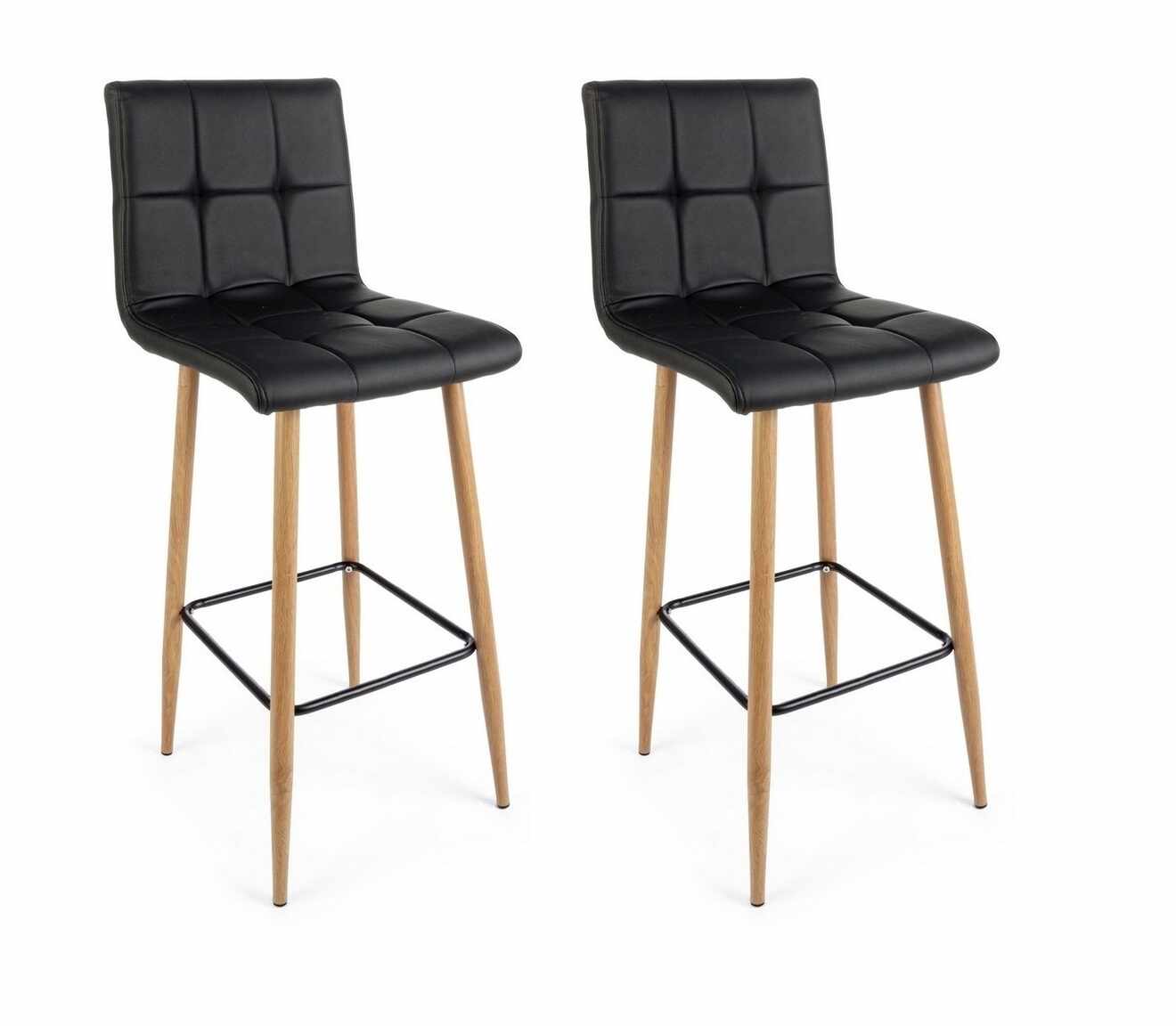 Set 2 scaune de bar tapitate cu piele ecologica si picioare metalice Bruce Negru / Natural, l46xA40xH108 cm