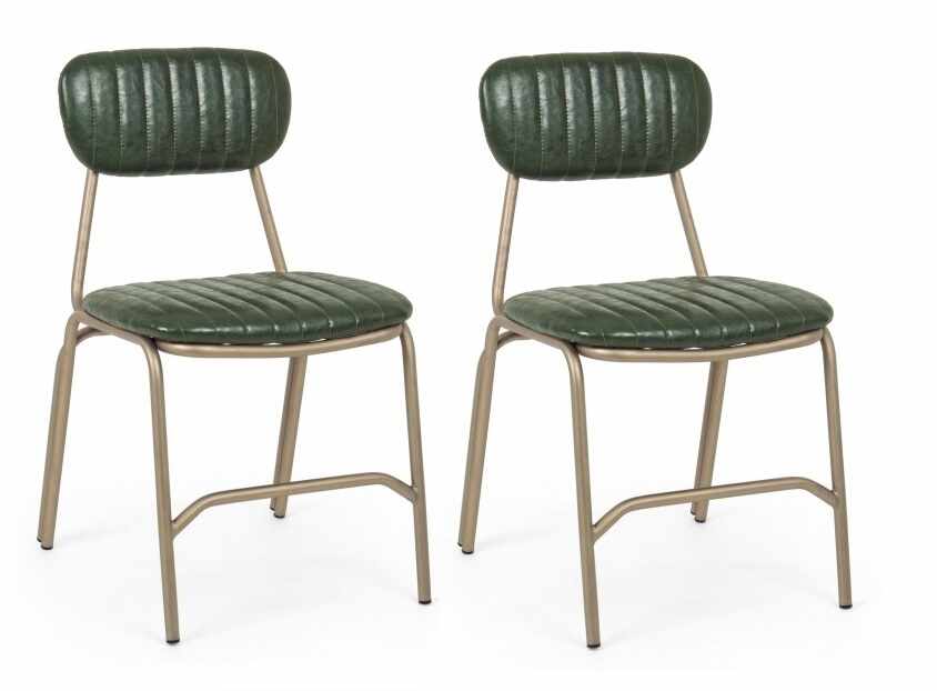 Set 2 scaune tapitate cu piele ecologica si picioare metalice Addy Verde inchis, l44xA55xH75 cm