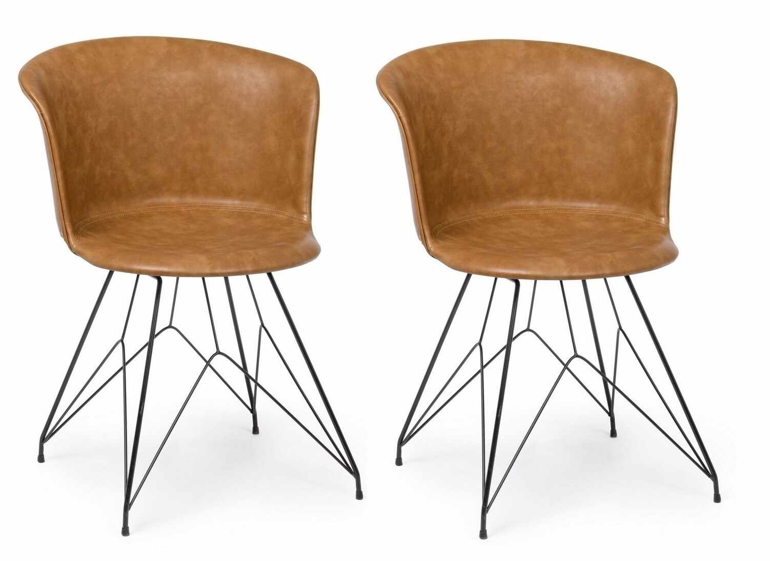 Set 2 scaune tapitate cu piele ecologica si picioare metalice Loft Maro / Negru, l56xA54xH76 cm