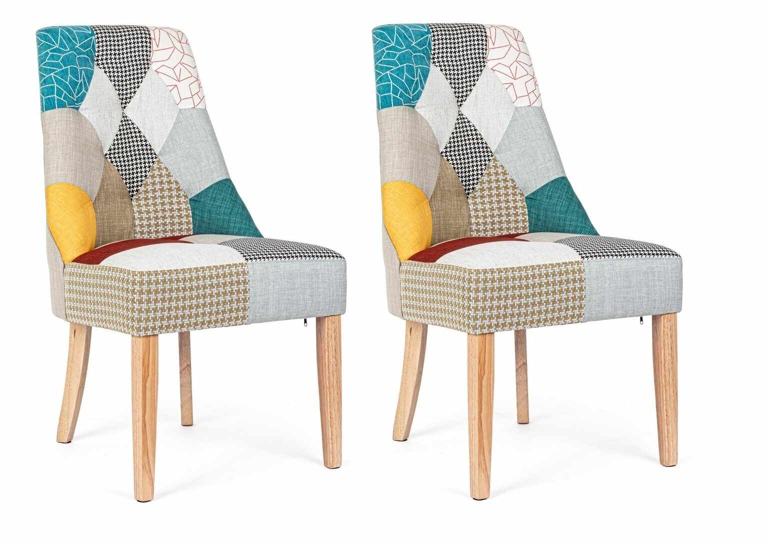 Set 2 scaune tapitate cu stofa si picioare din lemn Galatea Patch Multicolor / Natural, l51xA62xH93 cm