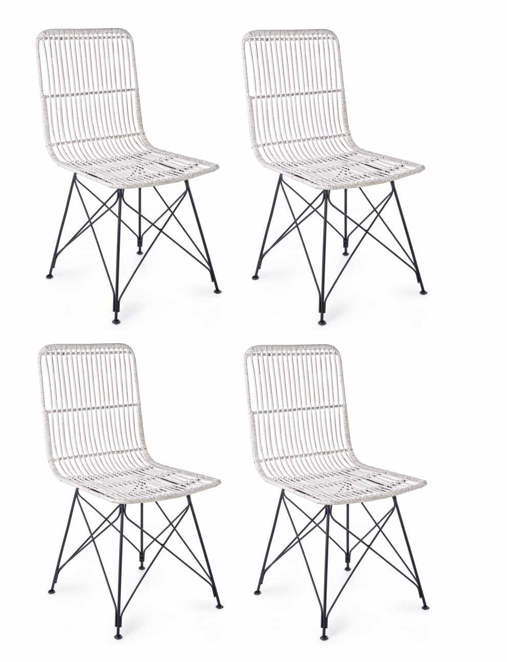 Set 4 scaune din ratan cu picioare metalice Lucila Alb, l45xA55xH85 cm