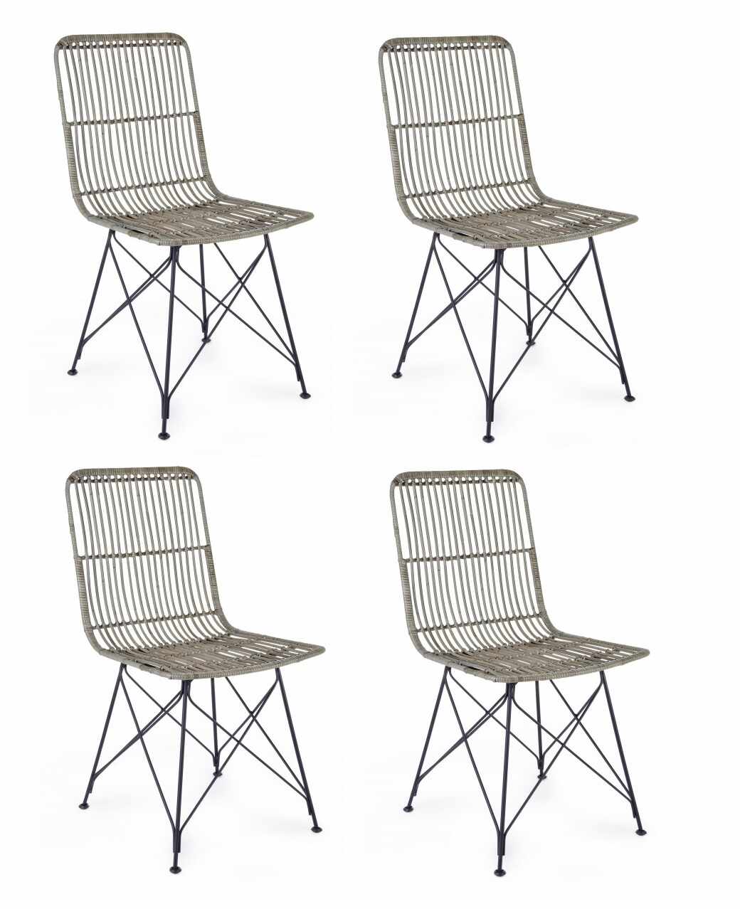 Set 4 scaune din ratan cu picioare metalice Lucila Gri, l45xA55xH85 cm