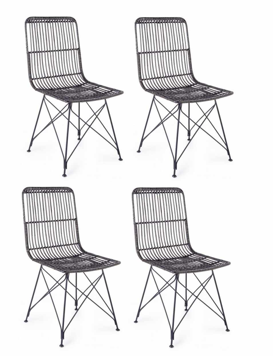 Set 4 scaune din ratan cu picioare metalice Lucila Negru, l45xA55xH85 cm