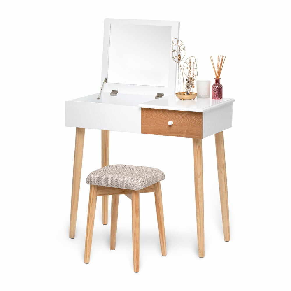 Masă de toaletă cu oglindă, cutie de bijuterii și scaun Bonami Essential Beauty, alb