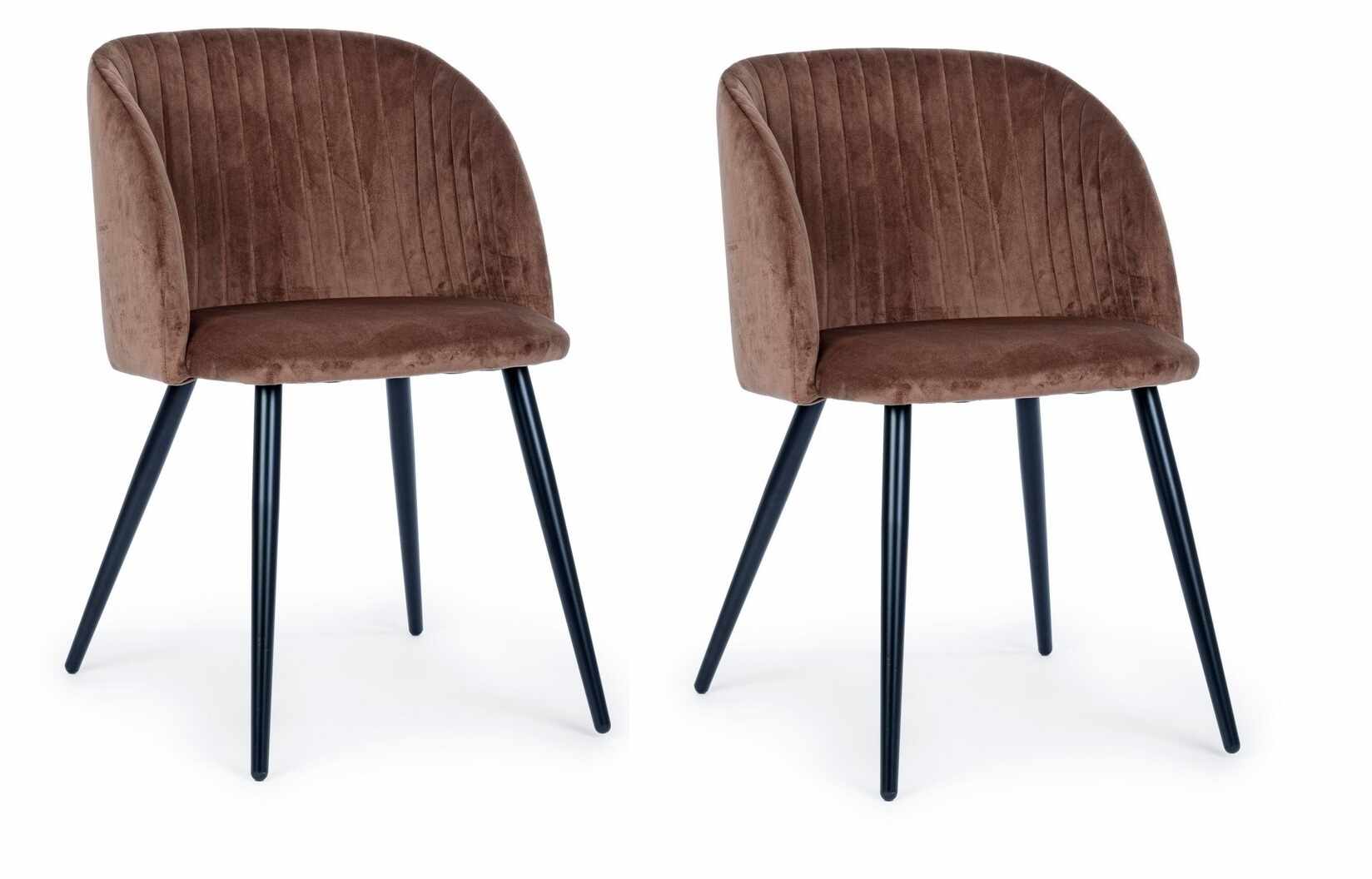 Set 2 scaune tapitate cu stofa si picioare metalice Queen Velvet Maro / Negru, l53xA57xH81,5 cm