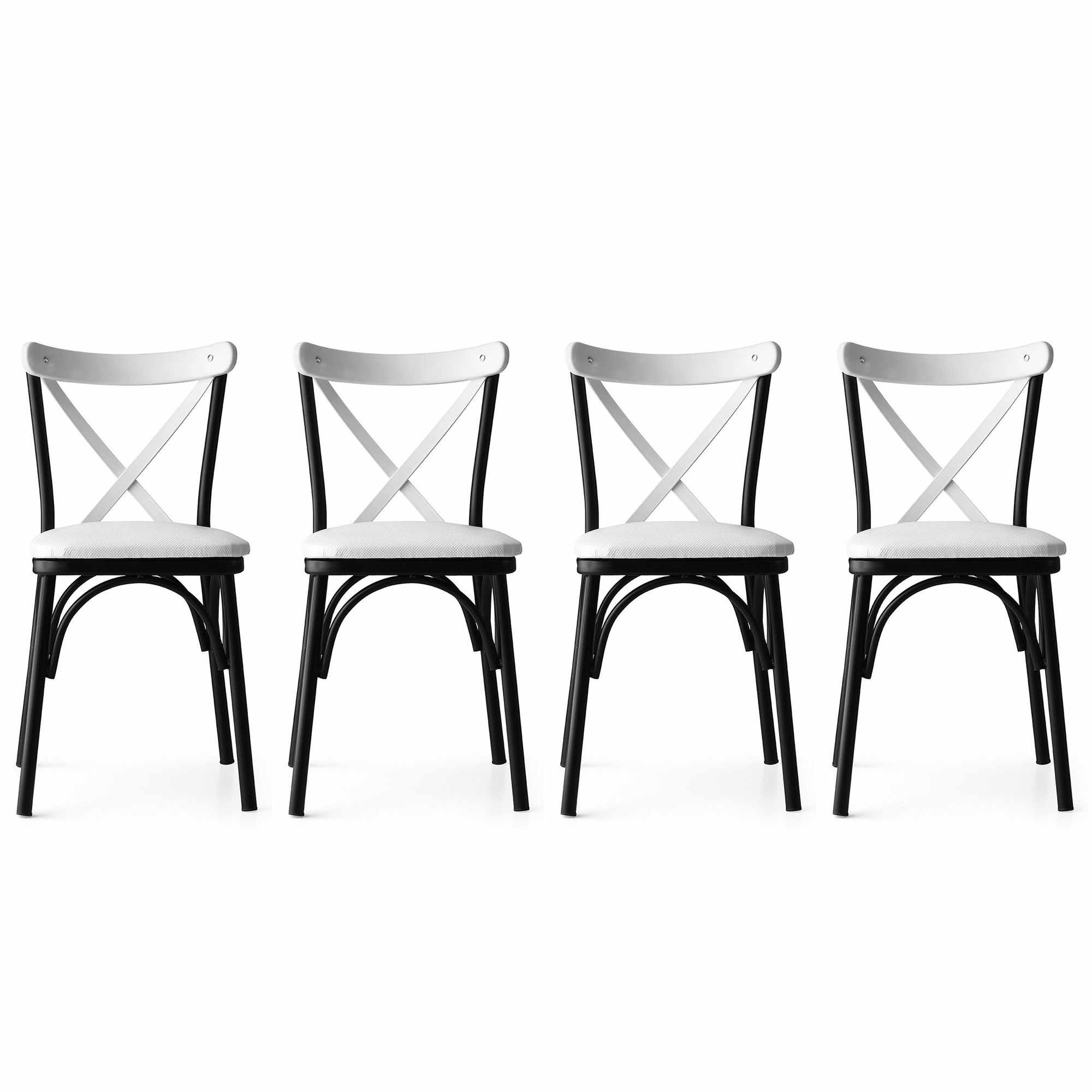 Set 4 scaune tapitate cu piele ecologica si picioare metalice, Ekol New 1334 Alb / Negru, l42xA42xH84 cm