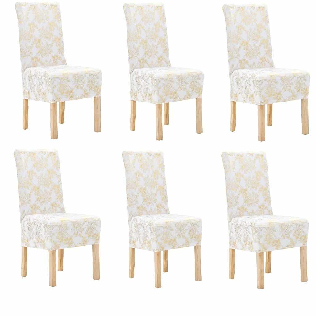 Set 6 huse elastice pentru scaune, Flowers, Alb / Auriu