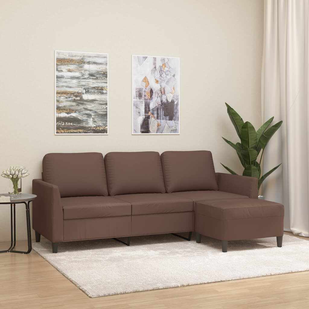 vidaXL Canapea cu 3 locuri și taburet, maro, 180 cm, piele ecologică