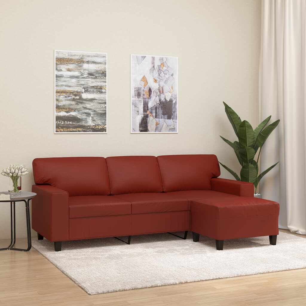 vidaXL Canapea cu 3 locuri și taburet, roșu vin 180 cm piele ecologică