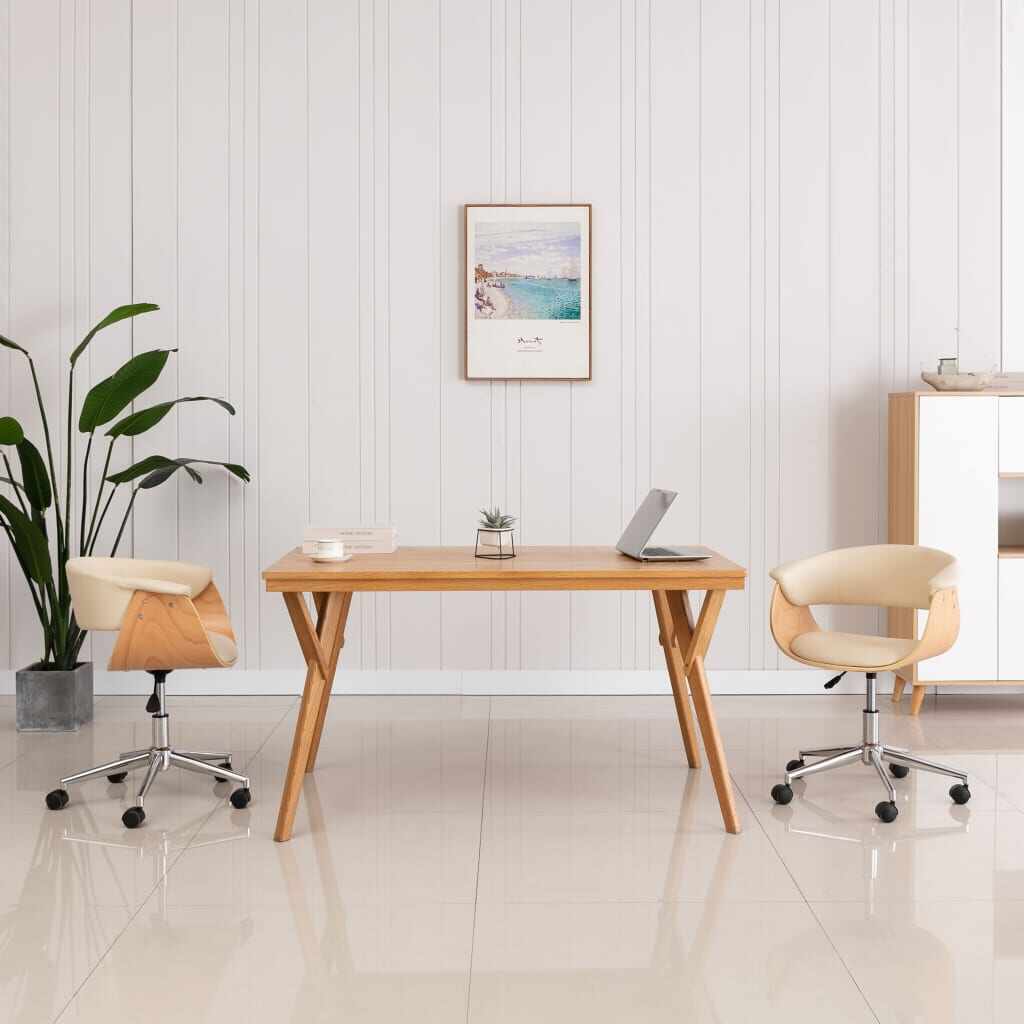 vidaXL Scaun de birou pivotant, crem, lemn curbat și piele ecologică