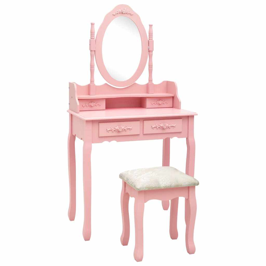vidaXL Set masă de toaletă cu taburet roz 75x69x140 cm lemn paulownia