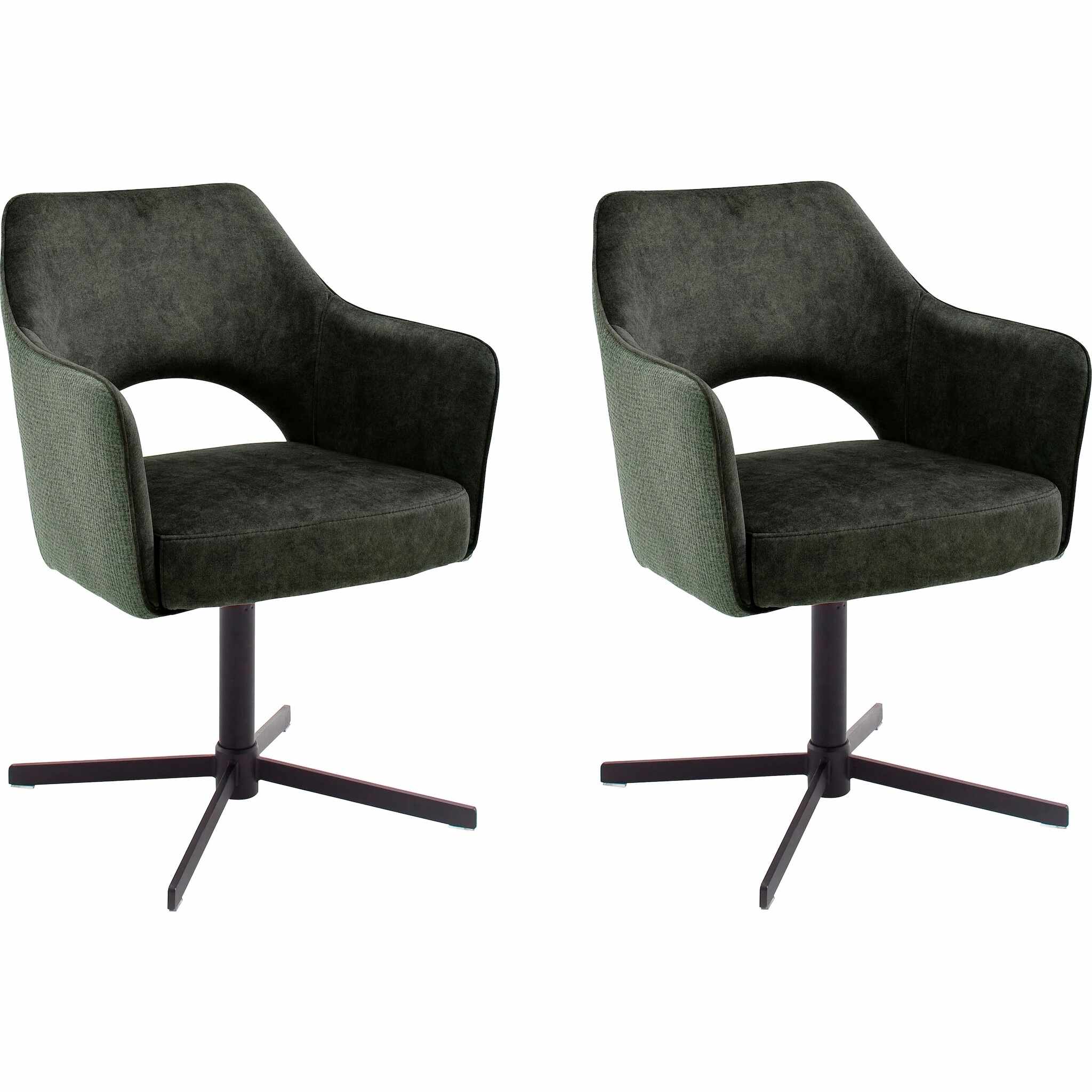 Set 2 scaune rotative tapitate cu stofa si picioare metalice, Valletta Verde Olive / Negru, l64xA61xH85 cm