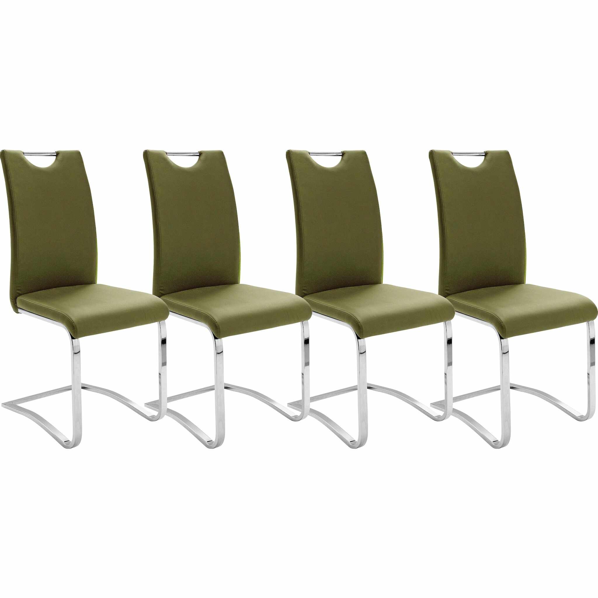 Set 4 scaune tapitate cu piele ecologica si picioare metalice, Koeln Verde Olive / Crom, l43xA57xH100 cm