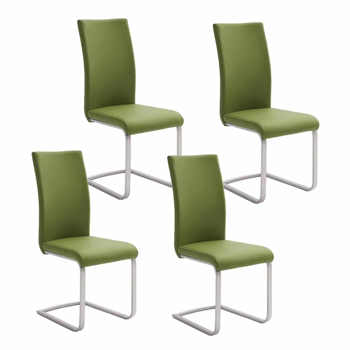 Set 4 scaune tapitate cu piele ecologica si picioare metalice, Paulo I Verde Olive / Crom, l42xA58xH102 cm