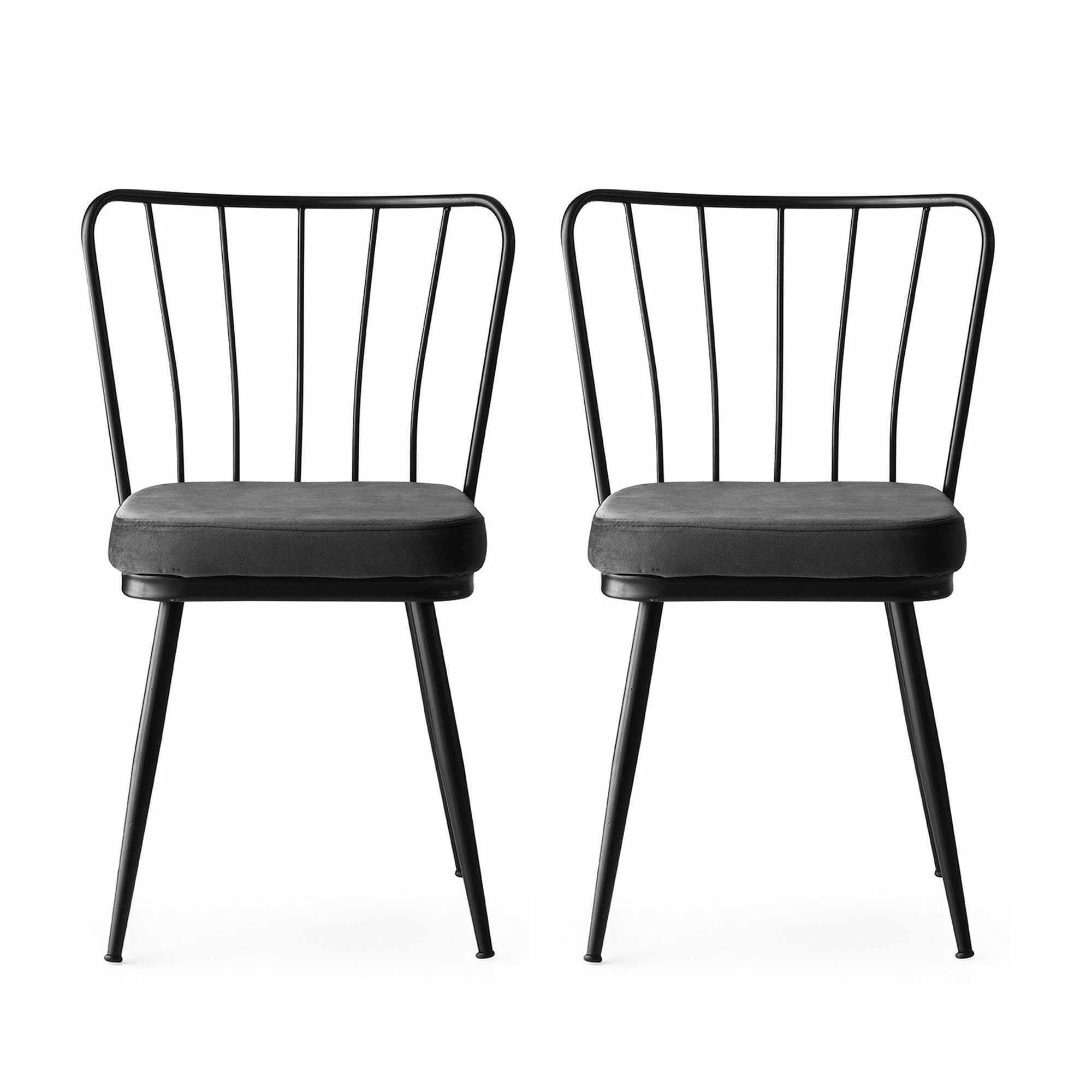 Set 2 scaune tapitate cu stofa si picioare metalice, Yildiz 189 Velvet Gri inchis / Negru, l43xA42xH82 cm