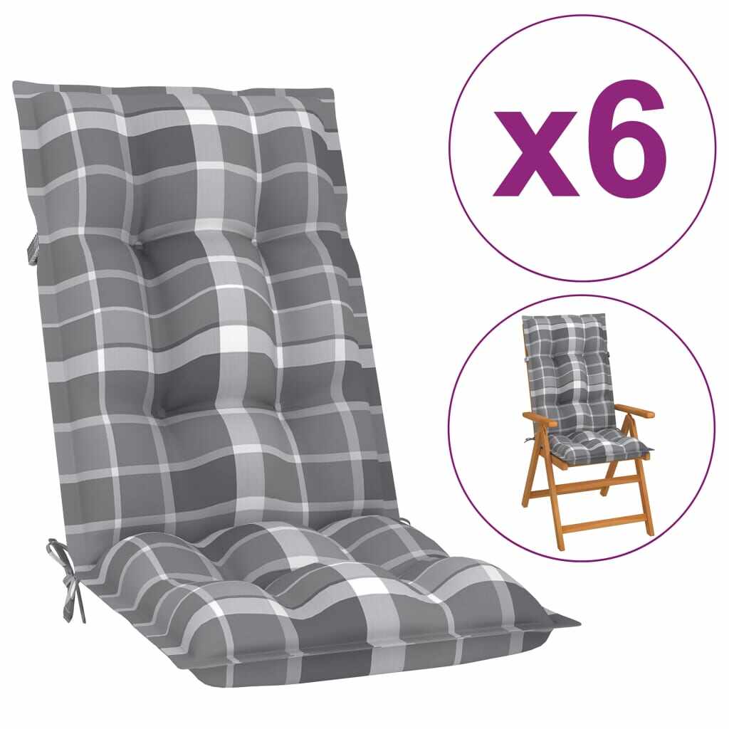 vidaXL Perne scaun grădină, 6 buc., gri, model carouri, 120x50x7 cm