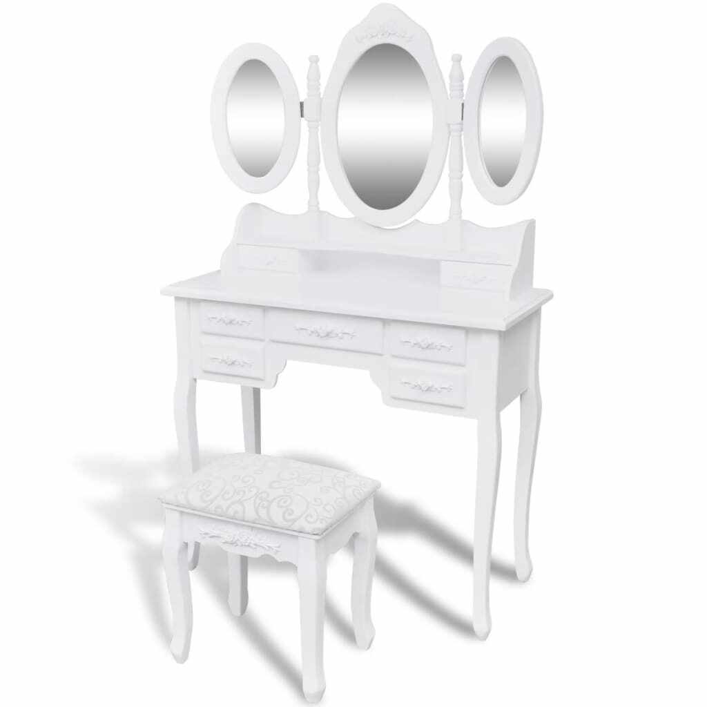 vidaXL Masă de toaletă cu taburet și 3 oglinzi, alb 