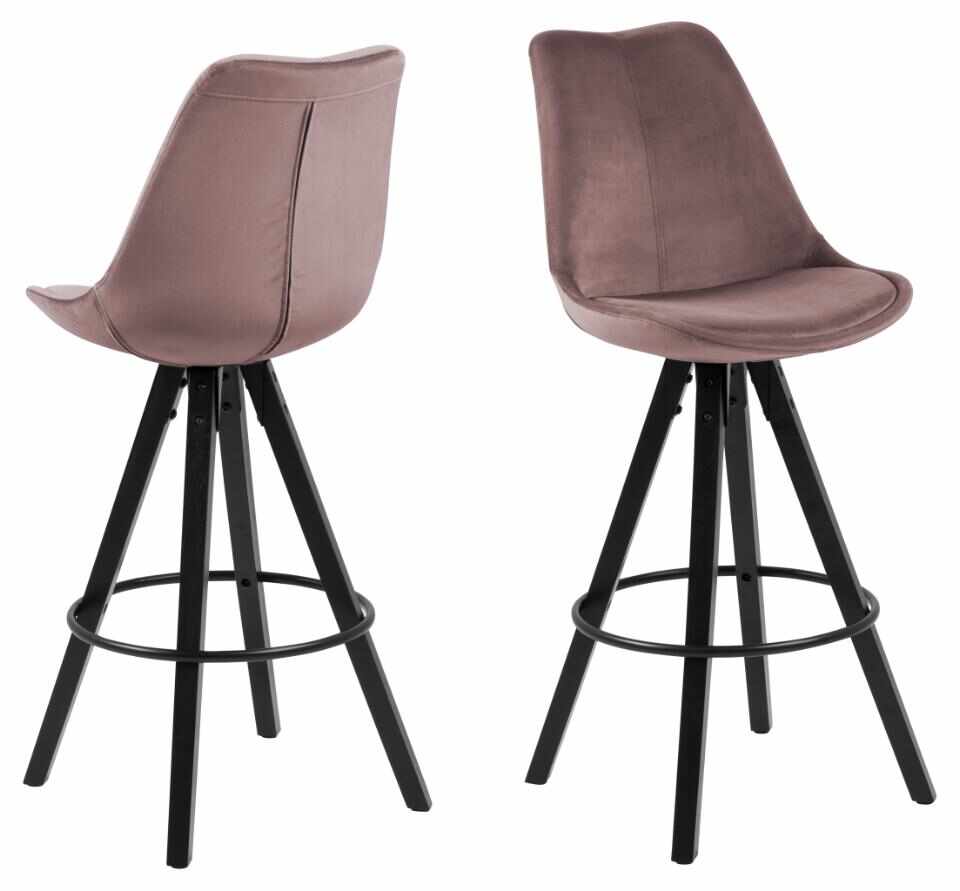 Set 2 scaune de bar tapitate cu stofa si picioare din lemn de cauciuc Dima Velvet Roz Inchis / Negru, l48,5xA55xH111,5 cm