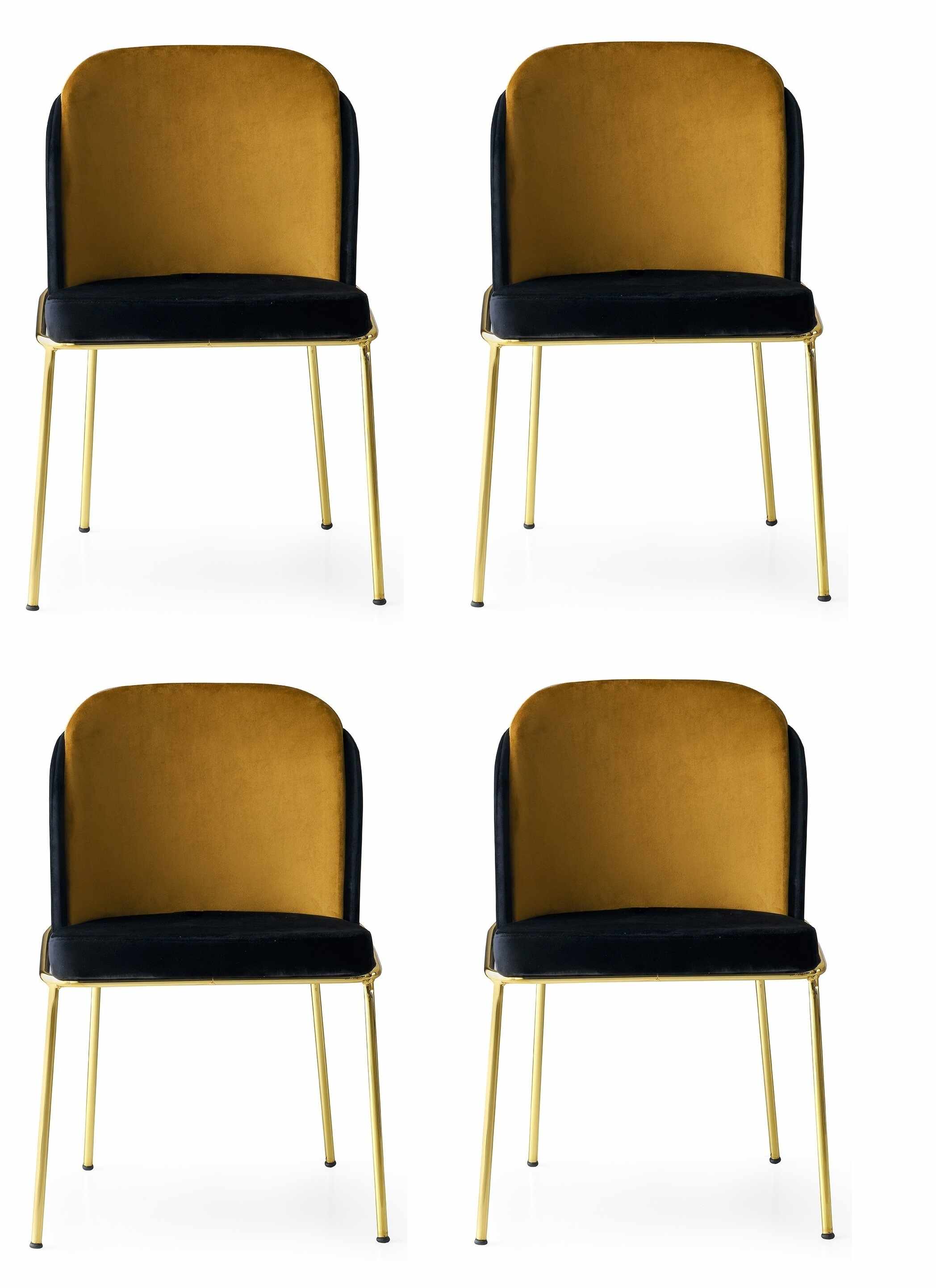 Set 4 scaune tapitate cu stofa si picioare metalice, Dore 102 Velvet Negru / Mustariu / Auriu, l54xA55xH86 cm