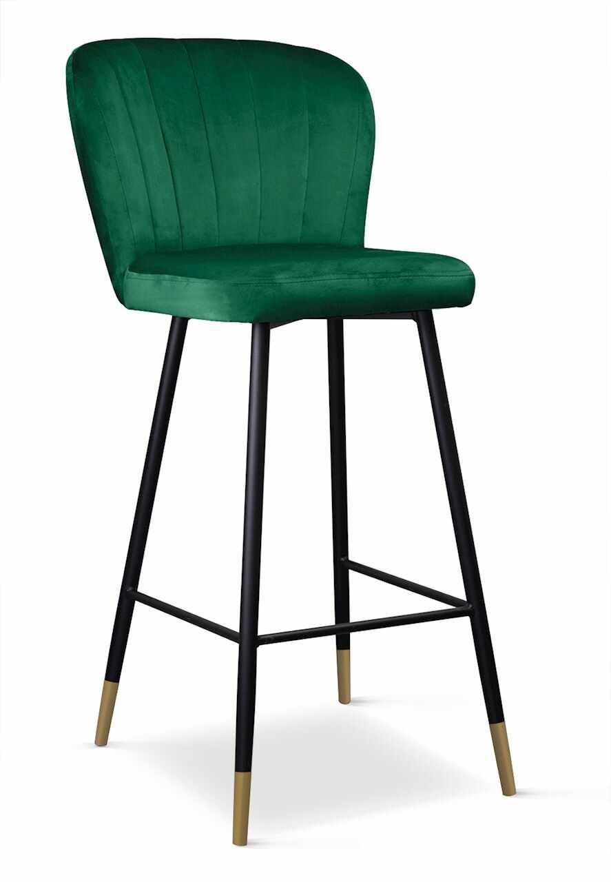 Scaun de bar tapitat cu stofa si picioare metalice, Shelly Velvet Verde / Negru / Auriu, l49xA54xH107 cm