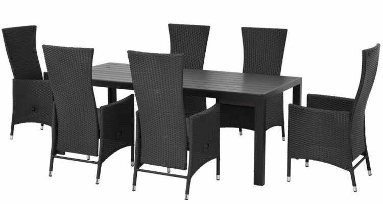 Set mobilier exterior masa aluminiu WPC si 6 scaune cu spatar reglabil ENCORE negru cu gri