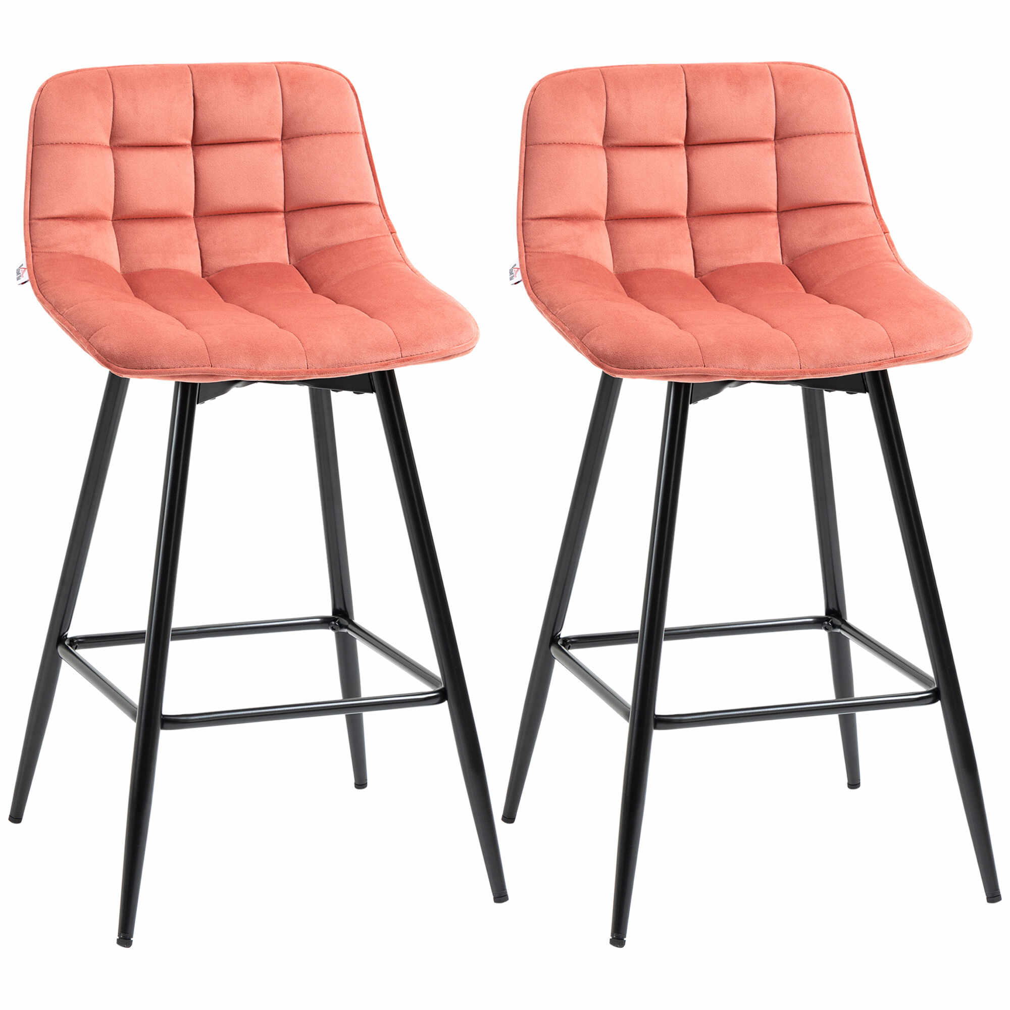 Set de 2 scaune de bar HOMCOM, cu spatar, tapitate, stil nordic, metal, catifea, coral, 45x47x88cm | Aosom RO