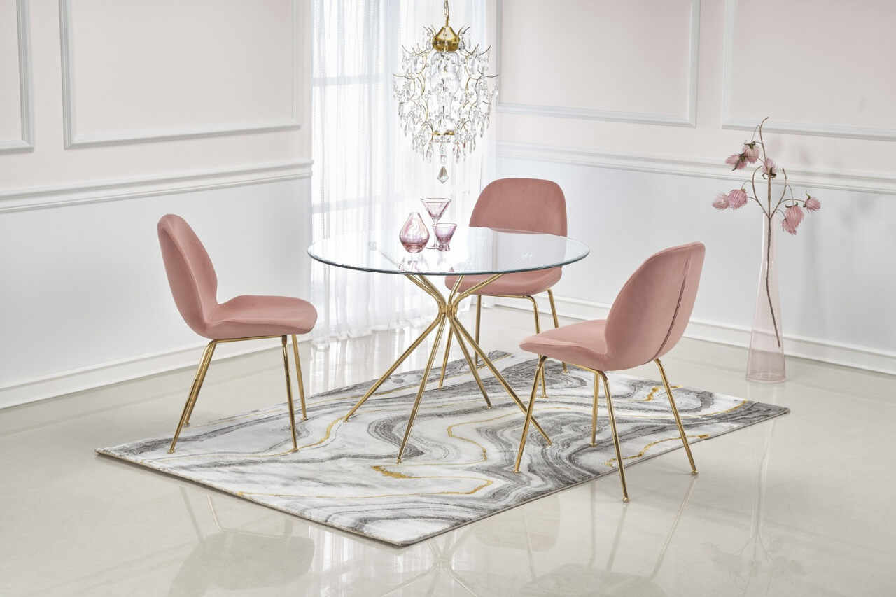 Set masa rotunda Rondo diametru 110 cm + 4 scaune K381 velvet roz/auriu