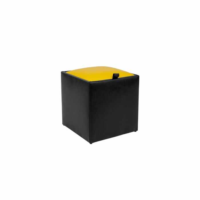 Taburet BOX, cu spatiu depozitare, imitatie piele, negru + galben, 37x37x41 cm