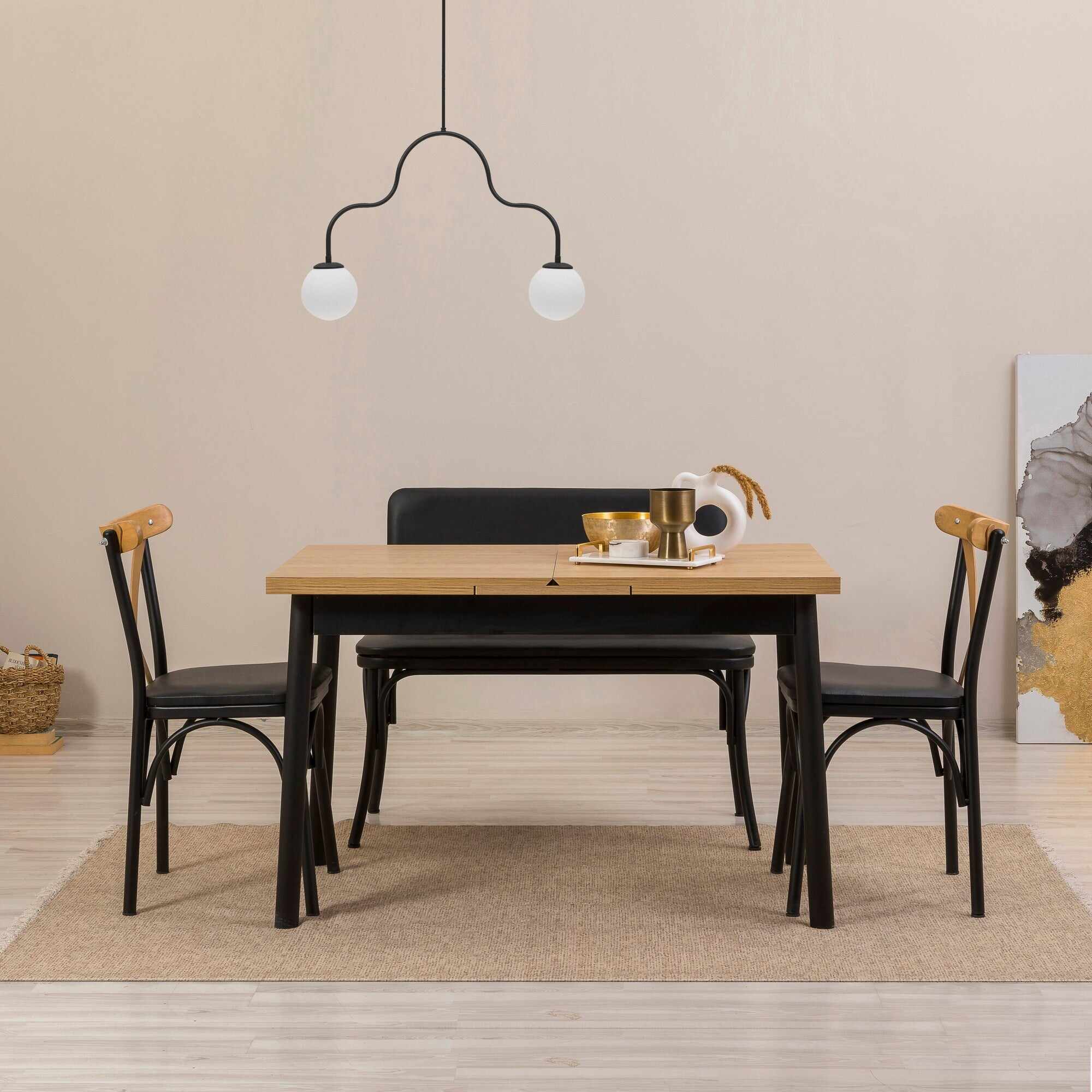 Set masă și scaune extensibile (4 bucăți) OLİVER SBT WHİTE KARİNA-Table & Chairs Set 11, Negru, 77x75x120 cm