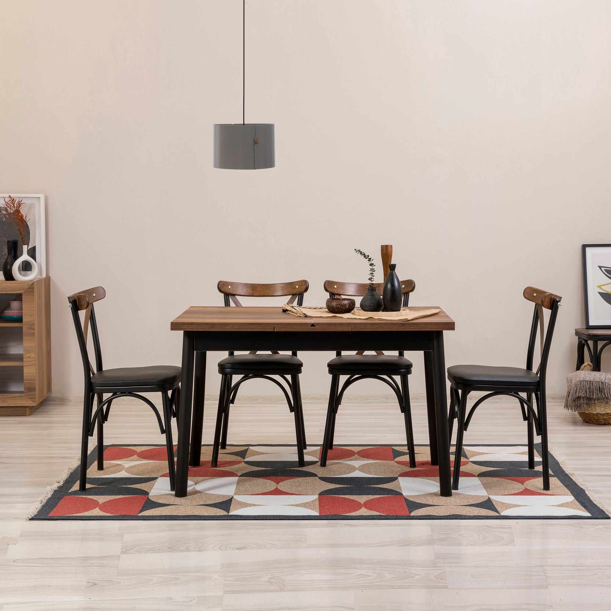 Set masă și scaune extensibile (5 bucăți) OLİVER SBT WHİTE KARİNA-Table & Chairs Set 5, Negru, 77x75x120 cm