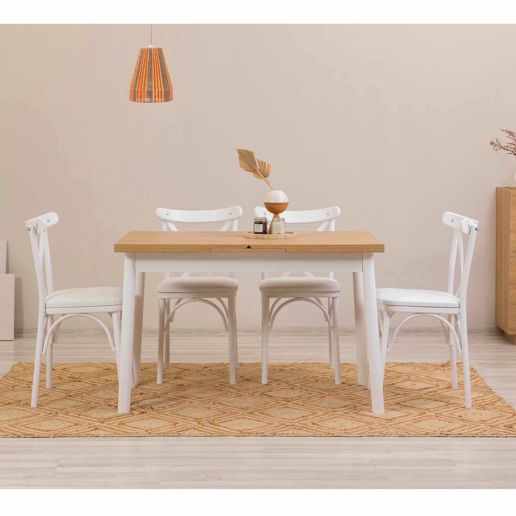 Set masă și scaune extensibile (5 bucăți) OLİVER SBT WHİTE KARİNA-Table & Chairs Set 8, Alb, 77x75x120 cm