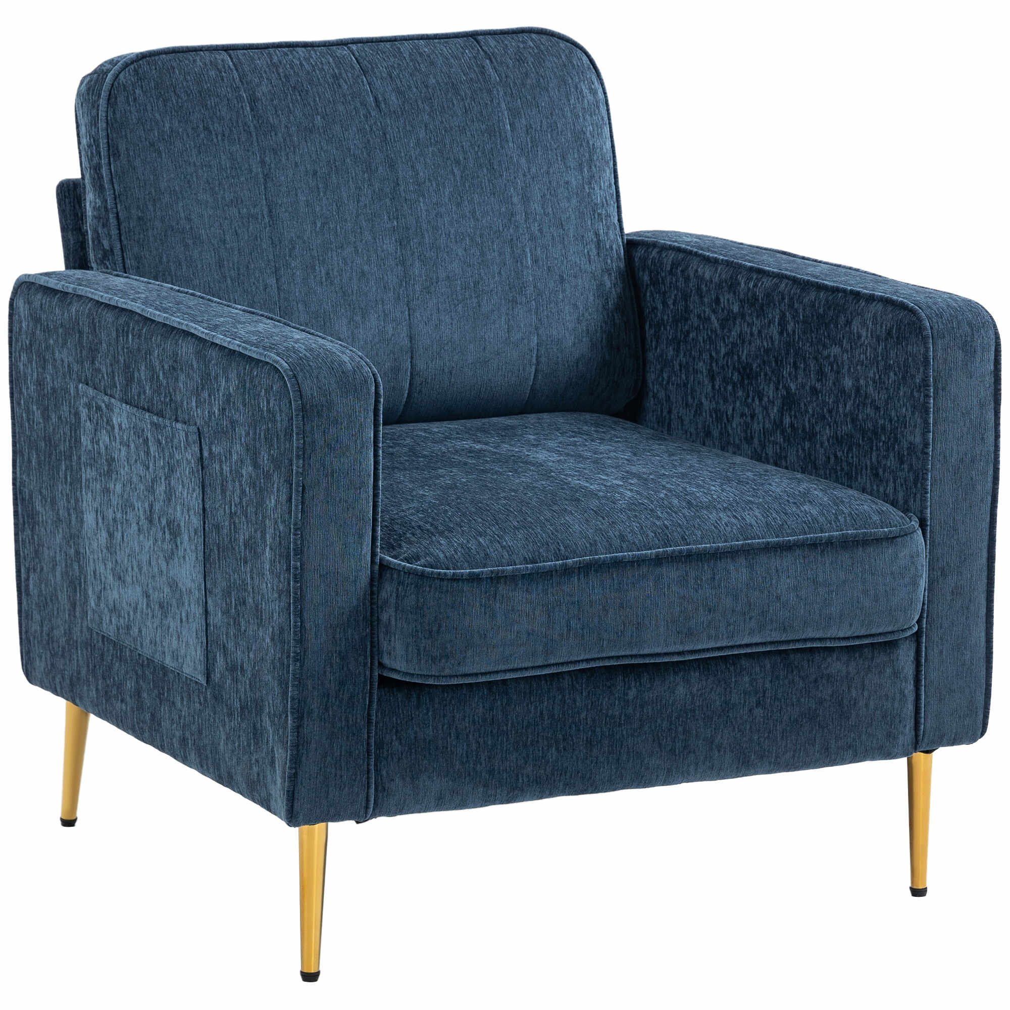 HOMCOM Fotoliu tip scaun modern, Fotoliu tapitat, Fotoliu din material pentru sufragerie cu picioare din otel si buzunare laterale, Albastru inchis