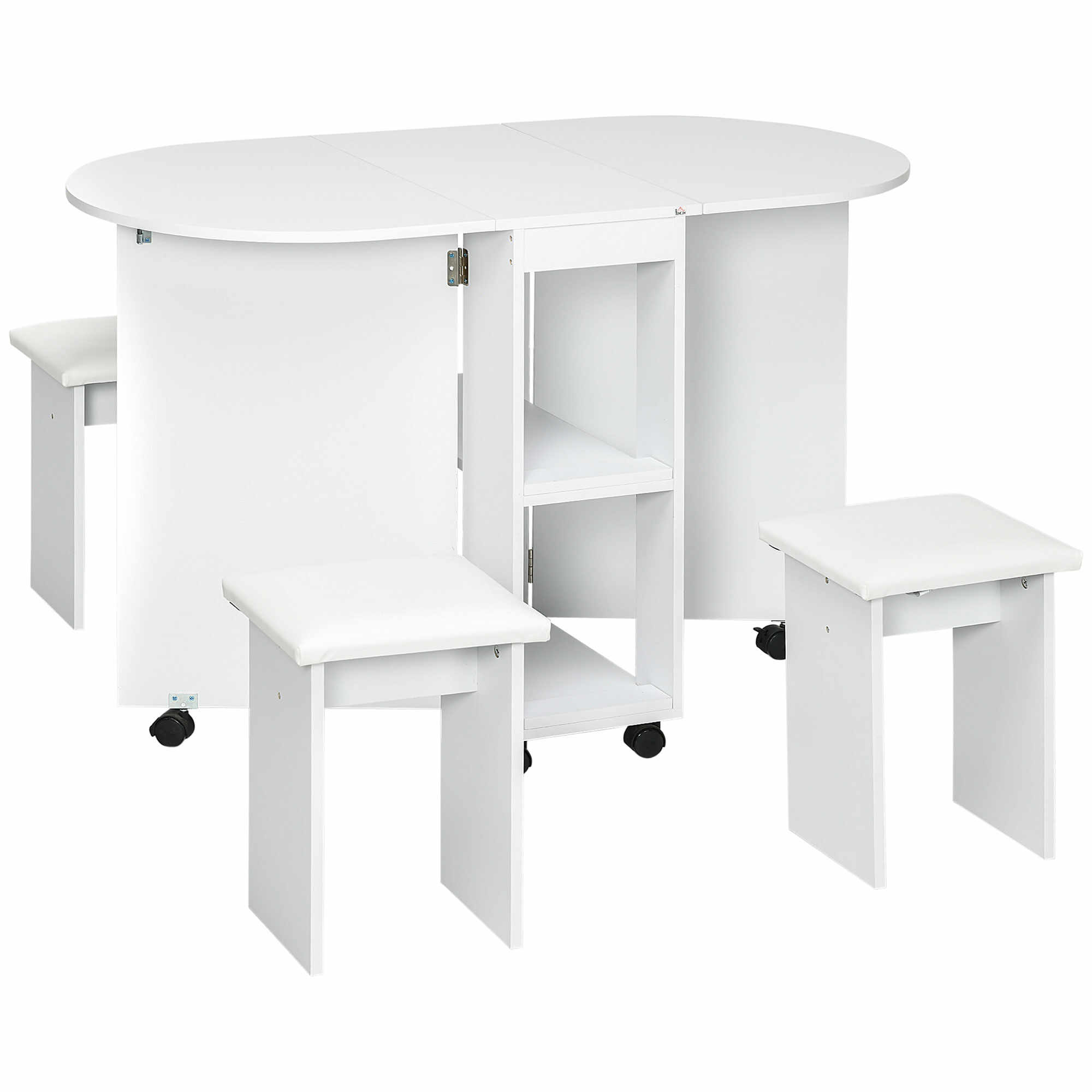 Set de masa pliabil pentru 4 persoane, cu 5 piese, scaune de sufragerie tapitate, cu rafturi de depozitare si 6 roti, alb HOMCOM | Aosom RO