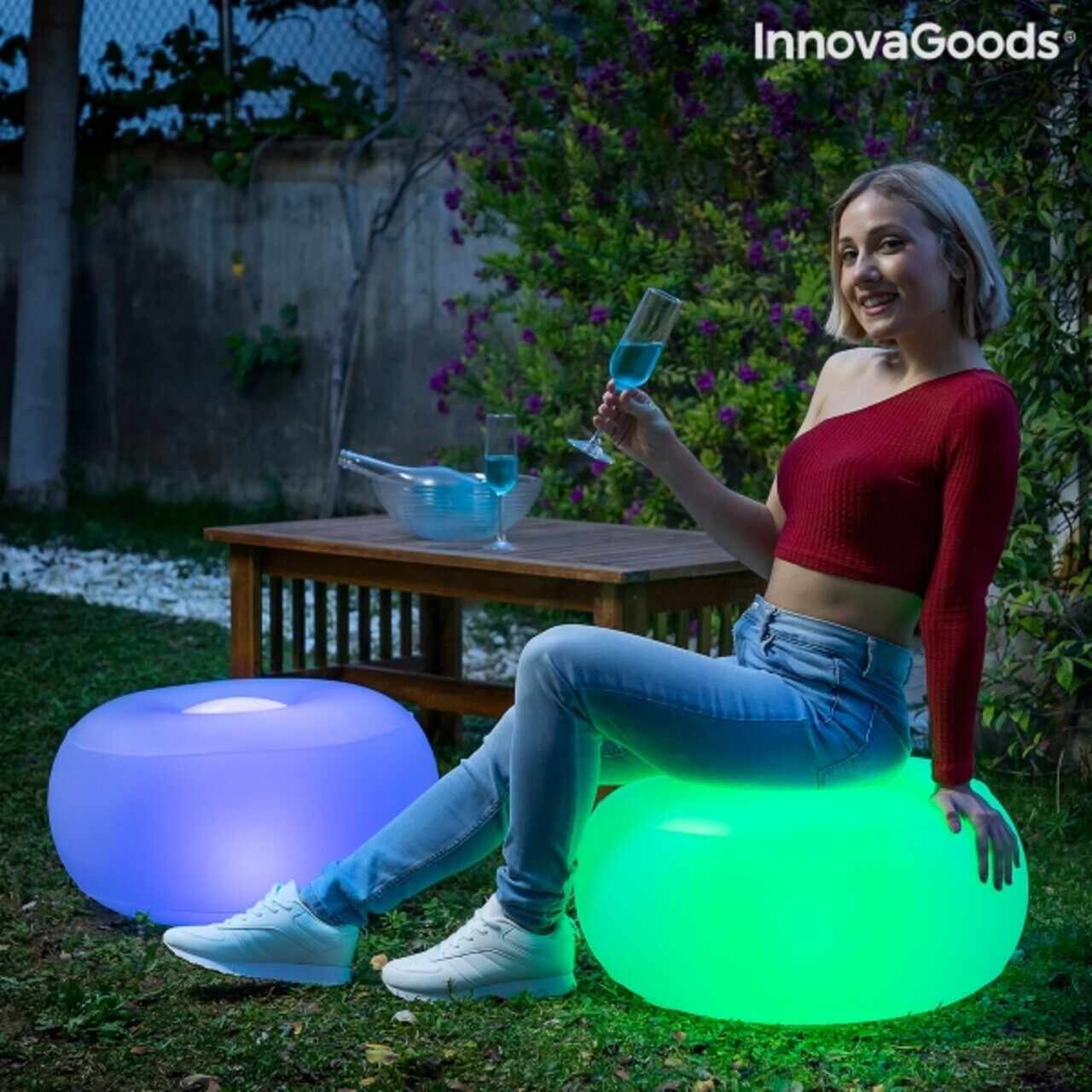 Taburet gonflabil cu LED Multicolor si Telecomanda Pulight InnovaGoods, Ø50 x 30 cm