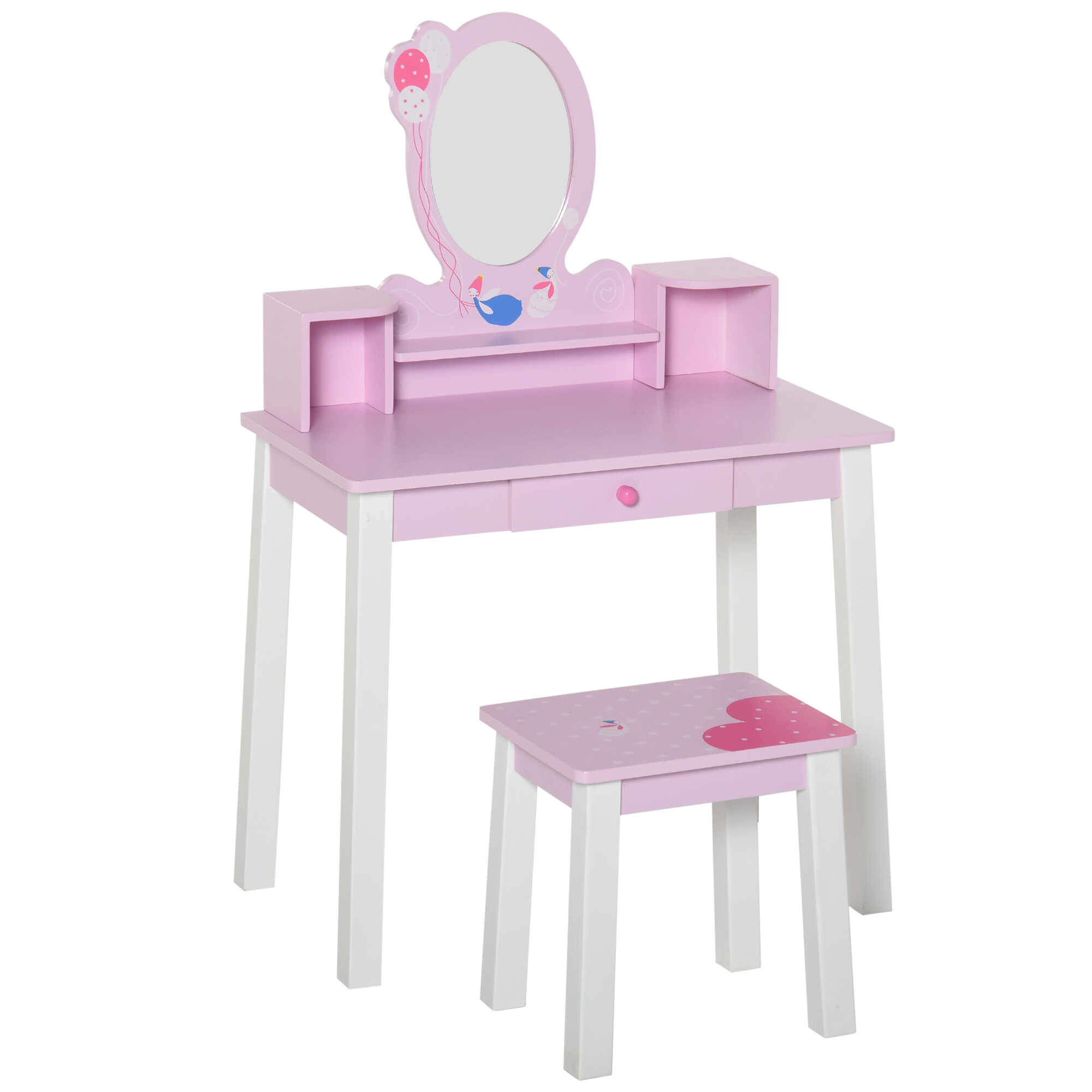 HOMCOM Set Masa de Toaleta Oglinda si Scaun din Lemn pentru Copii Roz