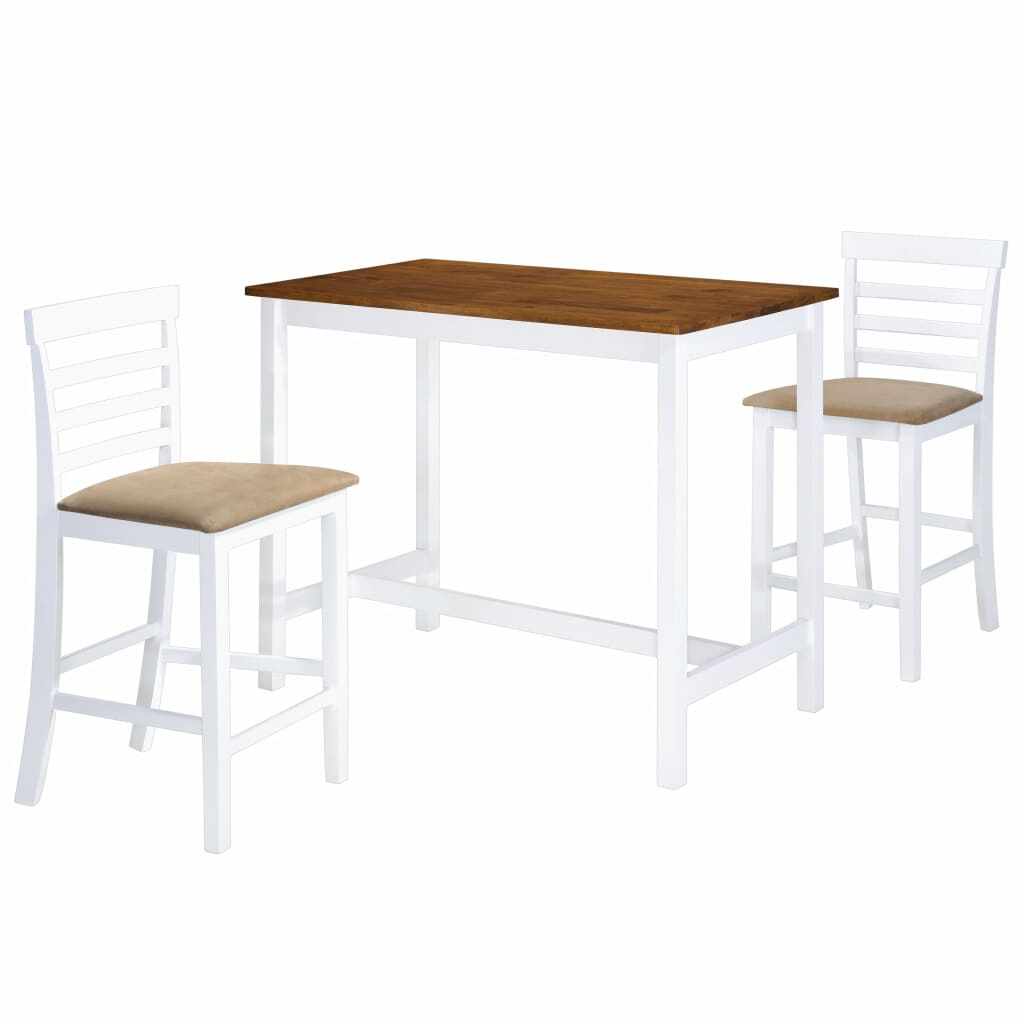 vidaXL Set masă și scaune de bar, 3 piese, lemn masiv, maro și alb 