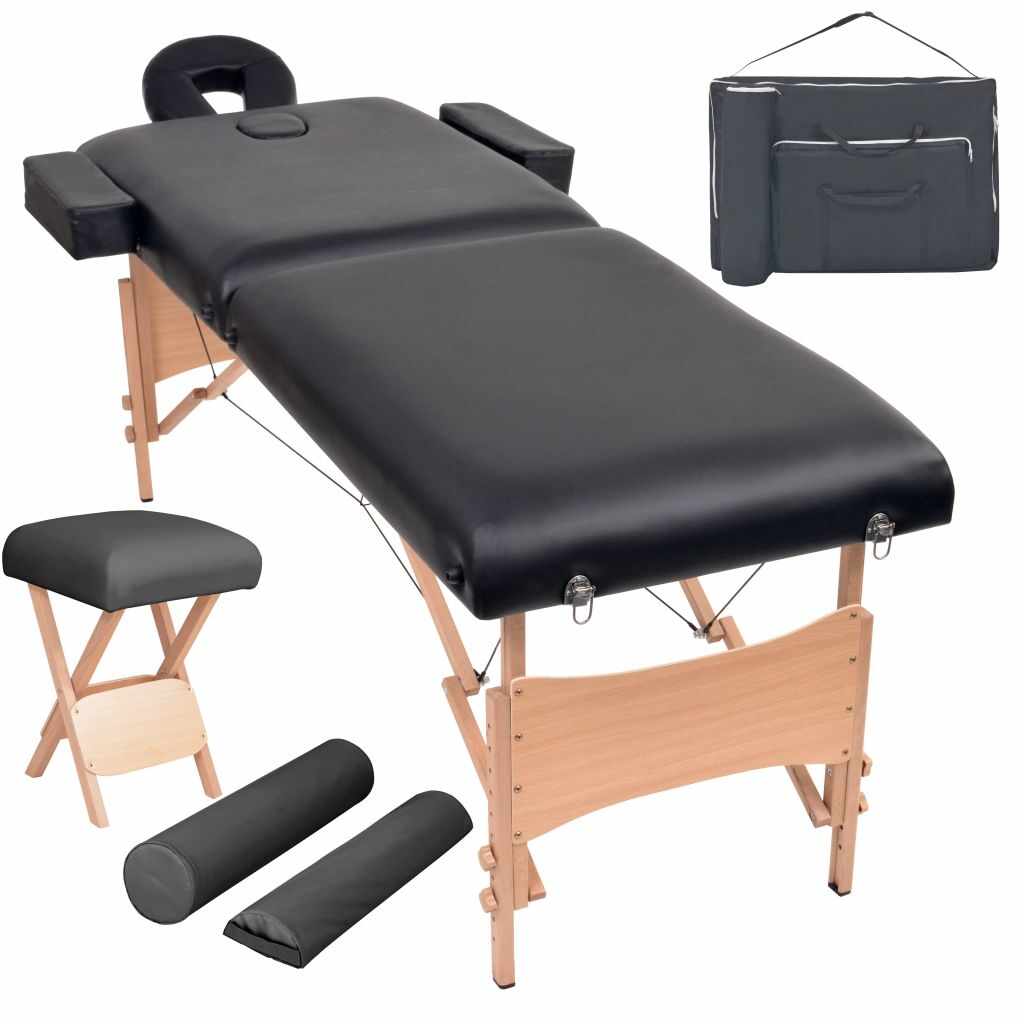 vidaXL Set taburet și masă masaj pliabilă 2 zone, 10 cm grosime, negru
