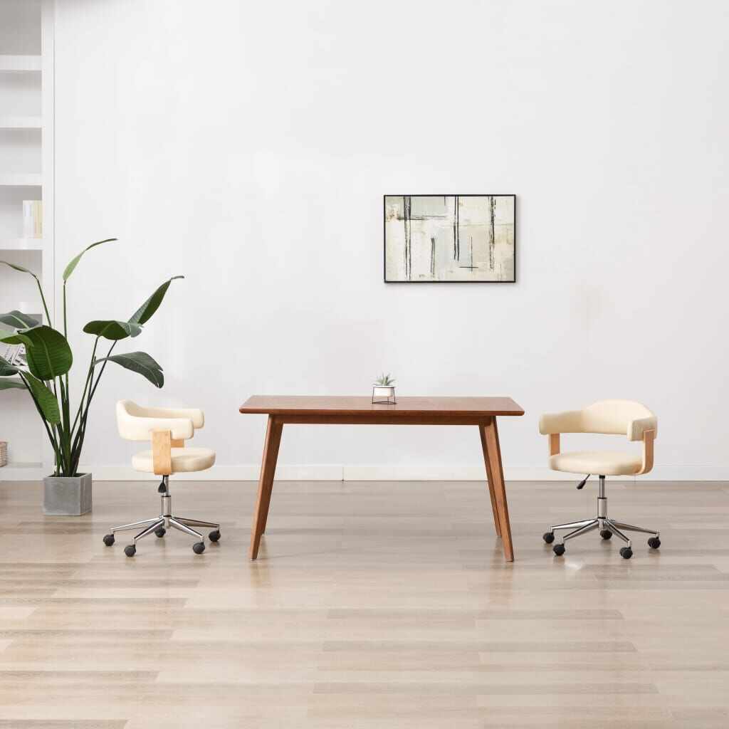 vidaXL Scaun de birou pivotant, crem, lemn curbat și piele ecologică