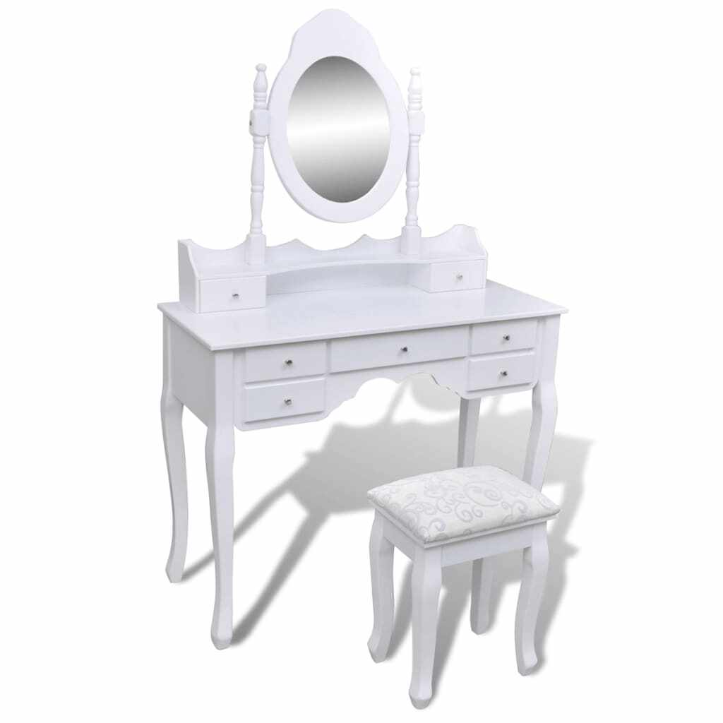 vidaXL Masă de toaletă cu oglindă și taburet, 7 sertare, alb 