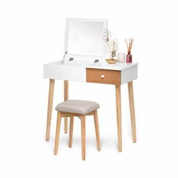 Masă de toaletă cu oglindă, cutie de bijuterii și scaun și Chez Ro Beauty, alb
