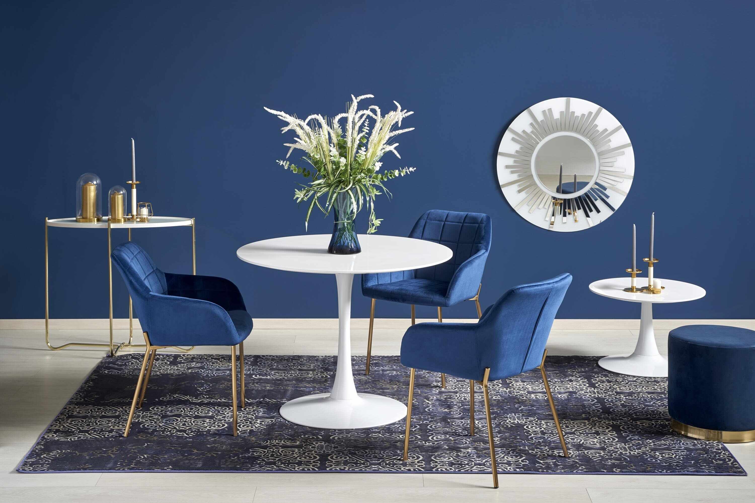 Set masa din MDF si metal Slim Alb + 3 scaune tapitate cu stofa K306 Albastru inchis / Auriu, Ø100xH75 cm