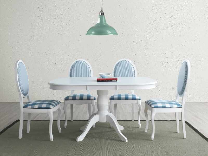 Set masa extensibila din MDF si lemn Florencja Alb + 4 scaune din lemn tapitat cu stofa LV-SC Alb / Albastru, L106-141xl106xH75 cm