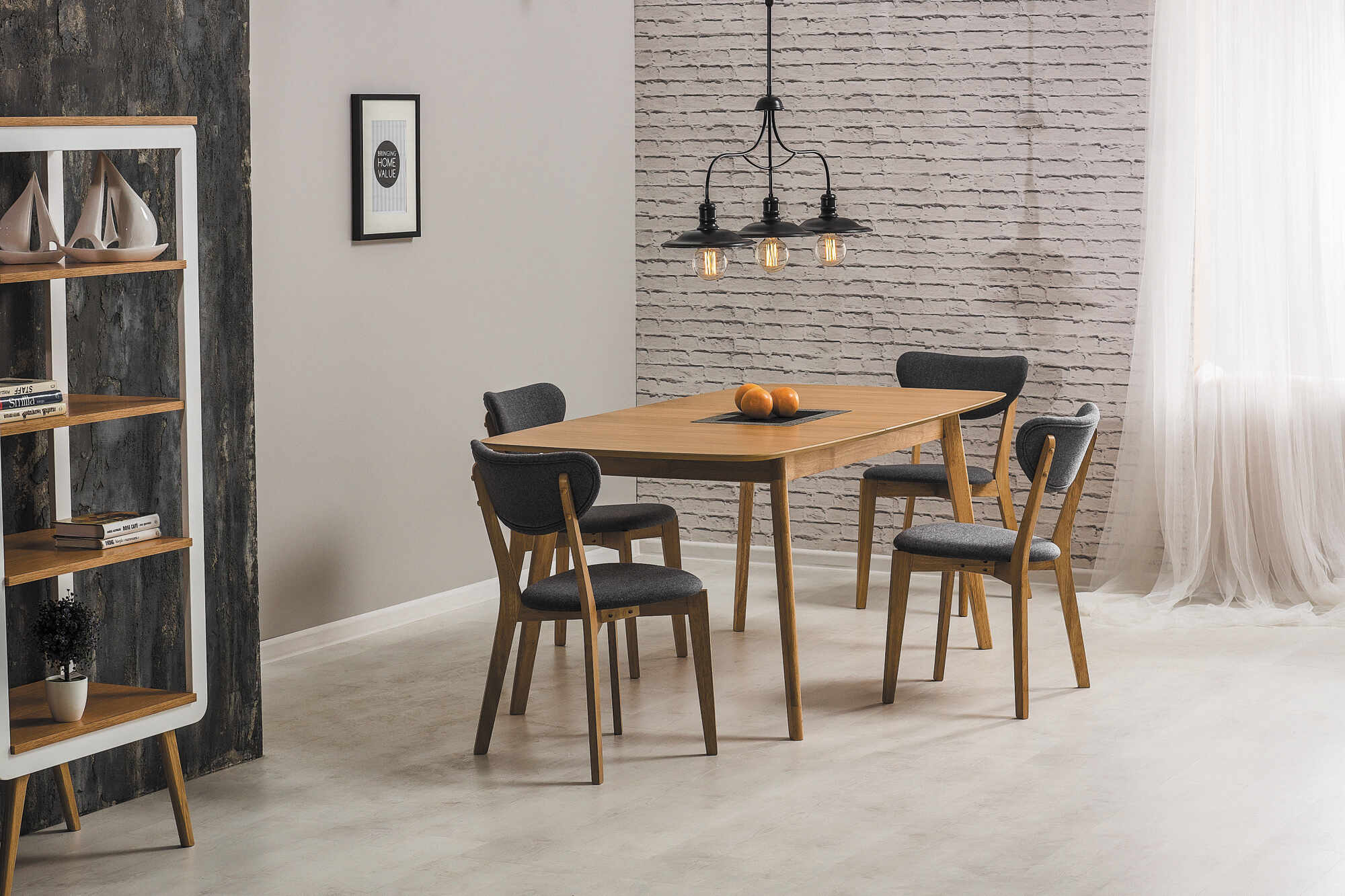 Set masa extensibila din MDF si lemn Felicio Oak + 4 scaune Andre Grey, L150-190xl90xH75 cm