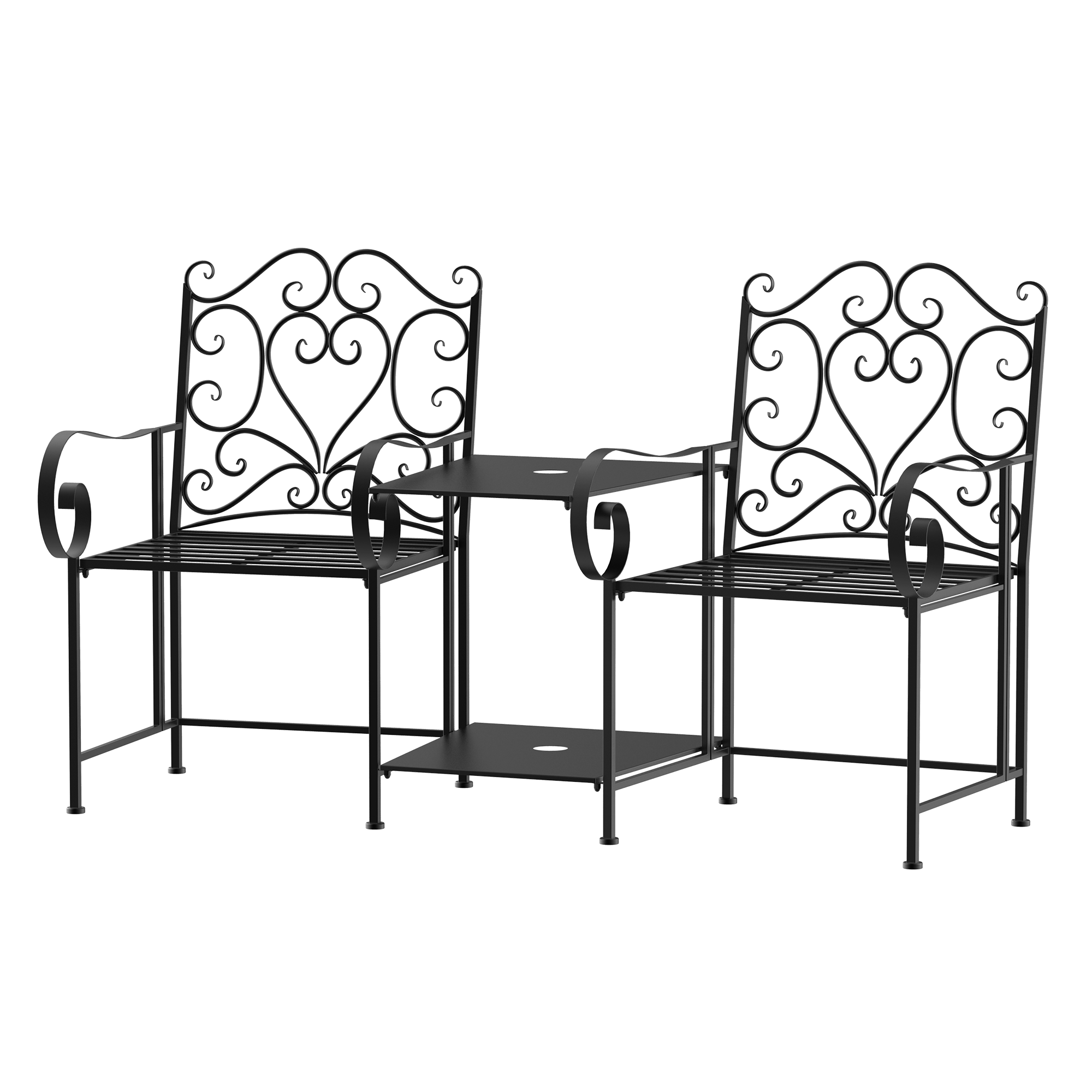 Outsunny Set 2 scaune de Gradina cu masuta de cafea si gaura pentru Umbrela in Metal, Negru