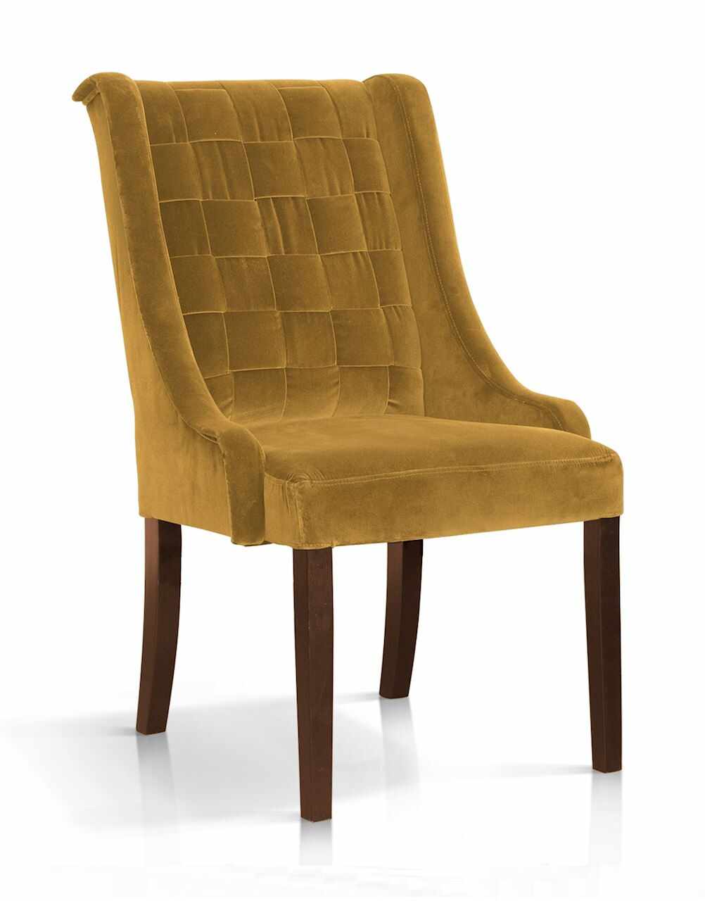 Scaun tapitat cu stofa, cu picioare din lemn Prince Velvet Galben / Nuc, l55xA70xH105 cm
