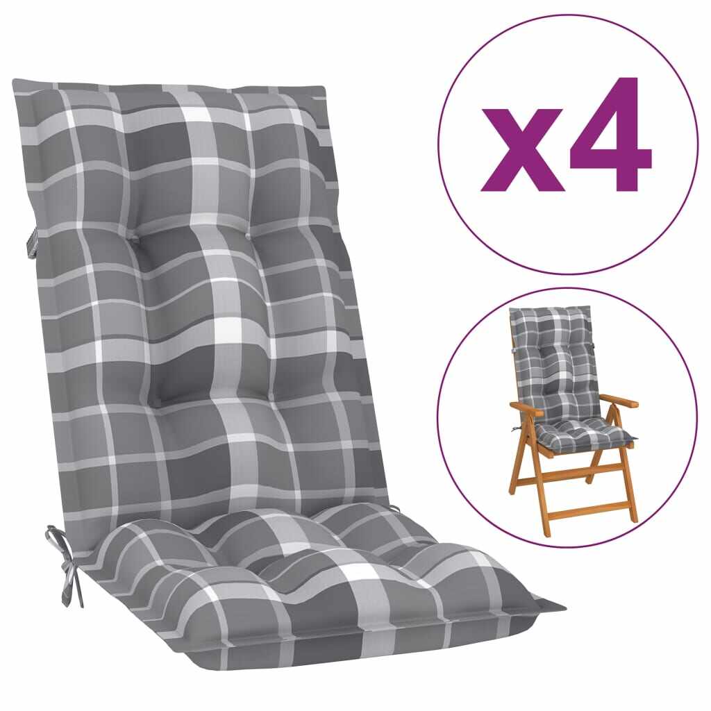 vidaXL Perne scaun grădină, 4 buc., gri, model carouri, 120x50x7 cm