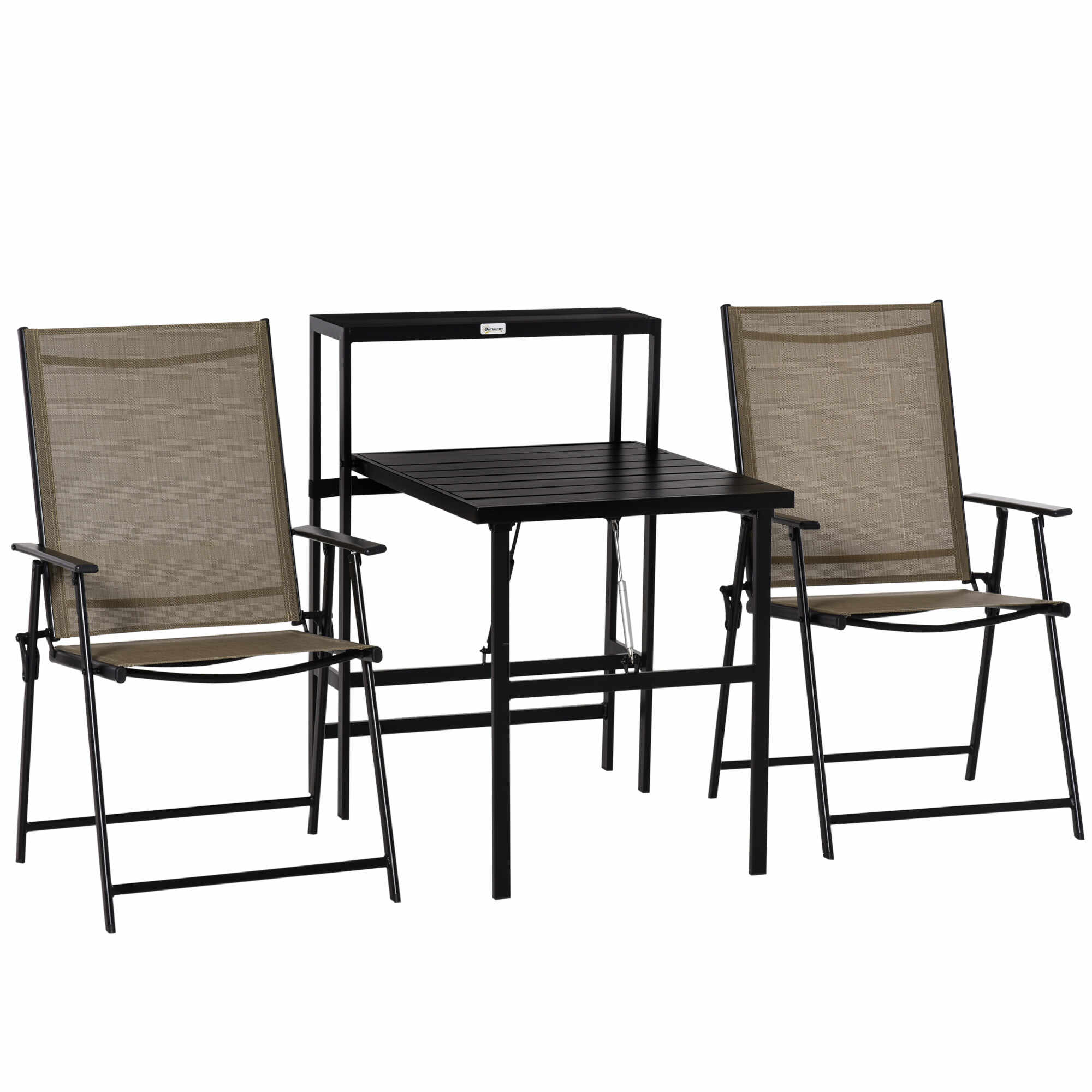 Outsunny Set mobilier de gradina, 3 piese, 2 scaune pliante, Masa cu raft lateral, Maro/Negru