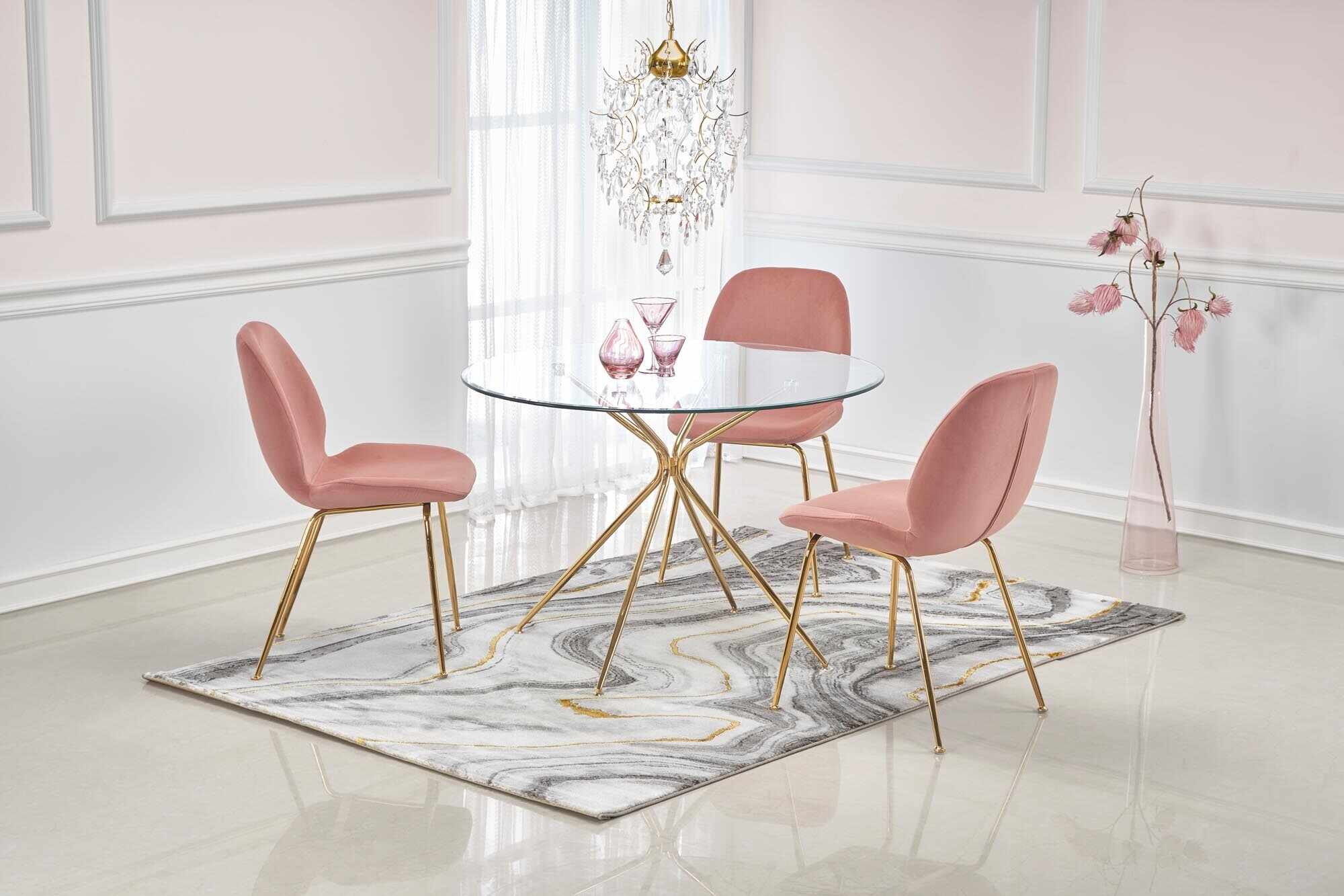 Set masa din sticla si metal Rondo Transparent / Auriu + 4 scaune tapitate cu stofa K381 Velvet Roz / Auriu, Ø110xH74 cm